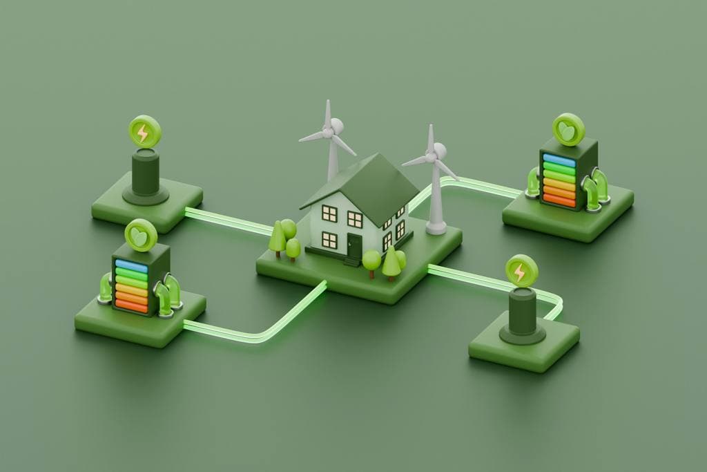 A green house surrounded by windmills and solar panel