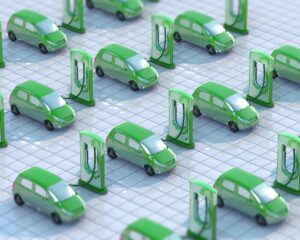 A group of small green cars