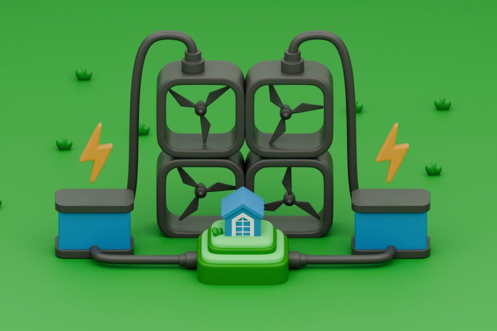 A green background with houses and electricity