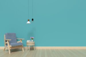 A photo of a living room with blue walls